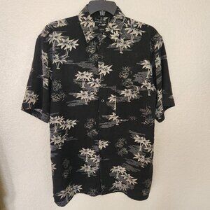 Utopia Men's Medium Washable Silk Hawaiian Shirt Black Palm Trees Print